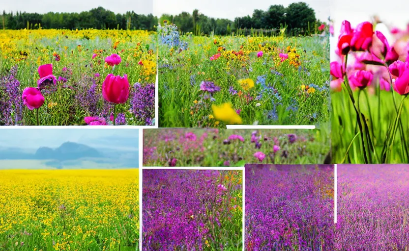 Prompt: scrapbook photos of fields full of flowers