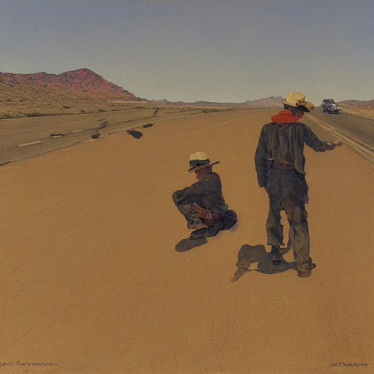 Image similar to a painting of the loneliest highway in nevada by norman rockwell, golden hour, detailed, art gallery quality