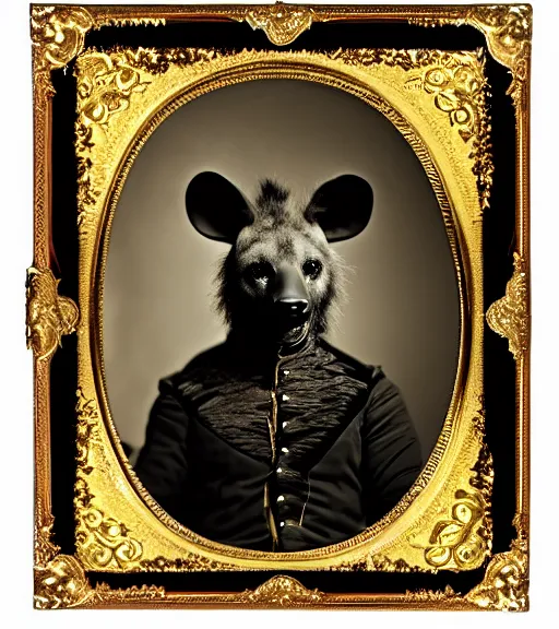 Image similar to professional studio photo portrait of anthro anthropomorphic spotted hyena head animal person fursona smug smiling wearing elaborate pompous royal king robes clothes gold frame by Louis Daguerre daguerreotype tintype