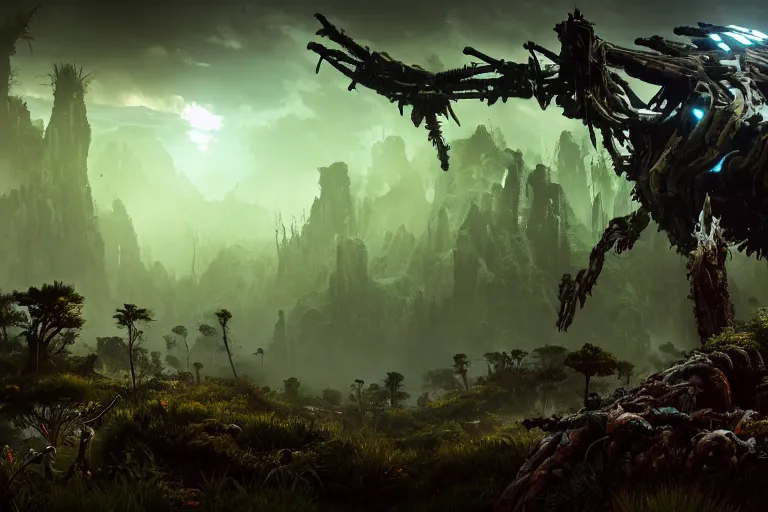 Image similar to wide epic shot from horizon forbidden west. a hyper detailed organic mechanic creatuve realistic similar look as horizon forbidden west horizon zero dawn, bioluminiscence in a dark deep forest at dawn in spring, with reflection and textures, by kilian eng, substance painter reaslitic mech surface metal painted scratches, world env from horizon forbidden west horizon zero dawn