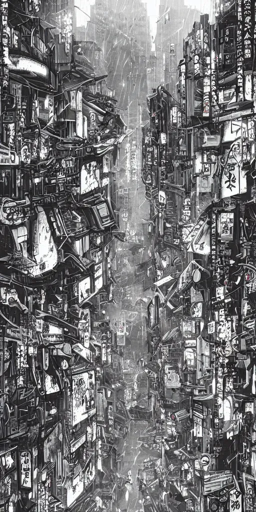 Image similar to manga illustration of poor cyberpunk city, rainy weather, highly detailed