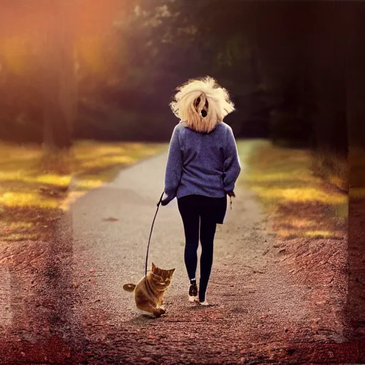 Prompt: a young woman walking with her cat, blowing hair, motion photo, in the early morning, long distance photo, golden hour, bleach bypass, warm tones, beige colors, sunlight, digital 2 d, polaroid, high - key lighting, by lisa yuskavage, by serov valentin, by krenz cushart