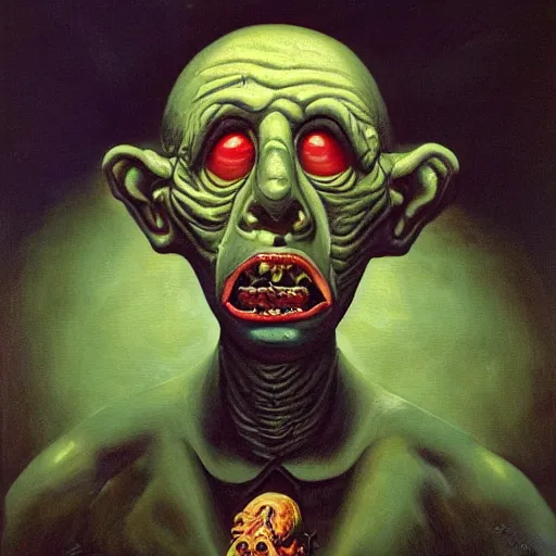 Image similar to oil painting with black background by christian rex van minnen robert williams todd schorr of a portrait of an extremely bizarre disturbing mutated man with acne intense chiaroscuro lighting perfect composition masterpiece