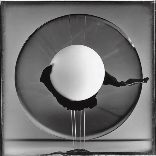 Image similar to Marcel Duchamp holding a light-producing sphere with cables attached, 35mm film, icon by Irving Penn