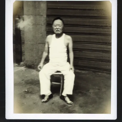 Image similar to a polaroid photo of a disheveled middle - aged chinese man wearing a singlet while smoking, sitting down next to a wall