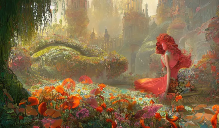 Image similar to dreamlike royal garden fantasycore, glossy painting, Art Nouveau Cosmic 4k Detailed Matte Illustration featured on Getty Images ,CGSociety, Jade and Carrot orange color scheme, Pastiche by Marc Simonetti, Pastiche by Cedric Peyravernay