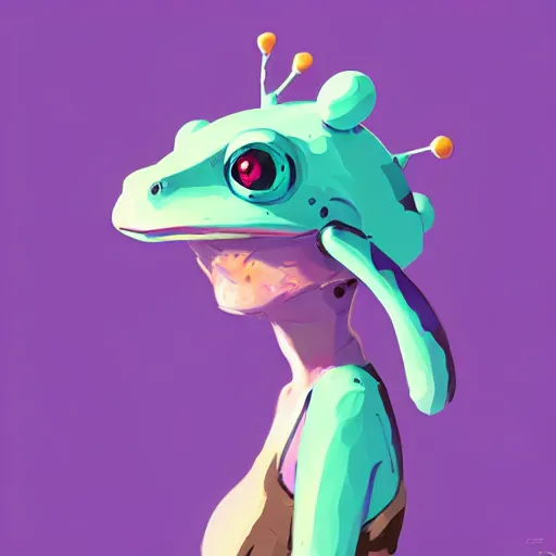 Image similar to portrait cute purple female frog princess by atey ghailan, by greg rutkowski, by simon stalenhag, by greg tocchini, by james gilleard, by joe fenton, by kaethe butcher dynamic lighting, gradient light blue, brown, blonde cream and white color scheme, grunge aesthetic