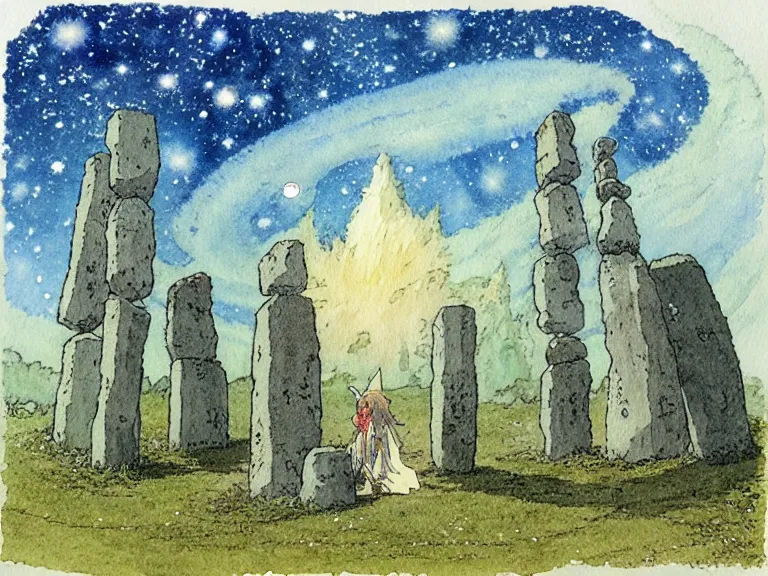 Prompt: a simple watercolor studio ghibli movie still fantasy concept art of a giant wizard playing in a tiny stonehenge. it is a misty starry night. by rebecca guay, michael kaluta, charles vess