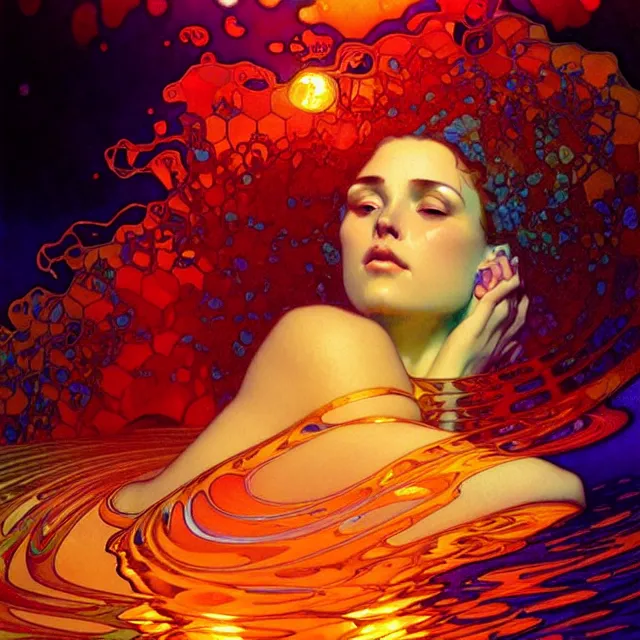 Prompt: mind bending sapphire ocean waves of glossy psychedelic liquid honey drops flowing like kaleidoscopic translucent amber, lsd waves, dmt ripples, crystal clear, backlit, sunset, refracted lighting, art by collier, albert aublet, krenz cushart, artem demura, alphonse mucha