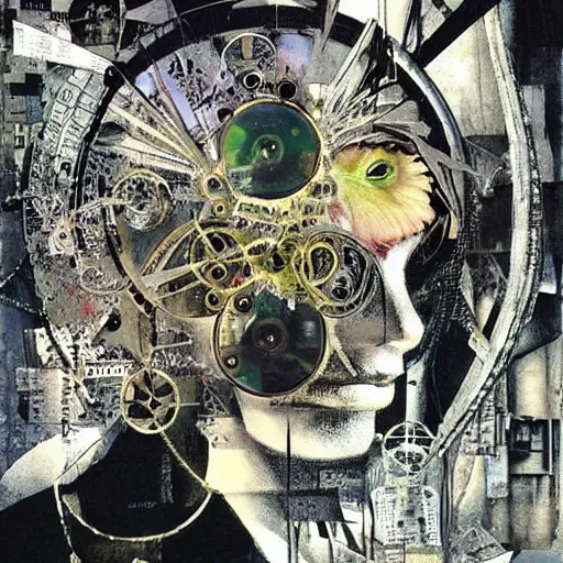 Image similar to a mechanical ( wren bird ) wanders between the cybernetic neonpunk realms of urban science and social science, collage artwork by dave mckean and ivan shishkin and yoshitaka amano