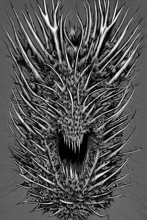 Prompt: thistle monster heavily armoured, symmetrical, highly detailed, digital art, needles, thorns, sharp focus, trending on art station, kentaro miura manga art style