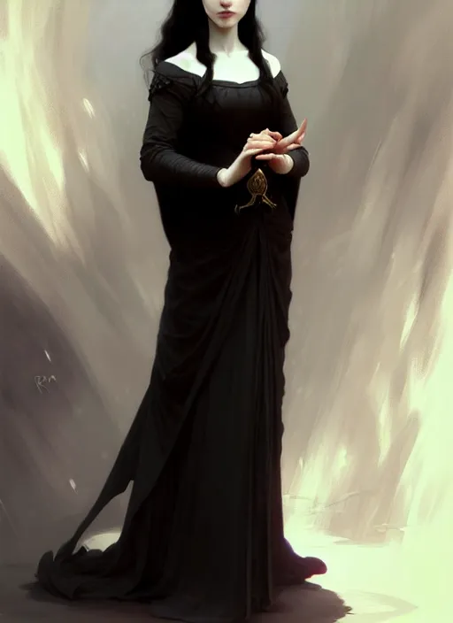 Image similar to character concept portrait of a female wizard with pale skin, wearing an elegant dress, dark vibe, intricate, elegant, digital painting, concept art, smooth, sharp focus, illustration, by Ruan Jia and Mandy Jurgens and William-Adolphe Bouguereau, Artgerm,