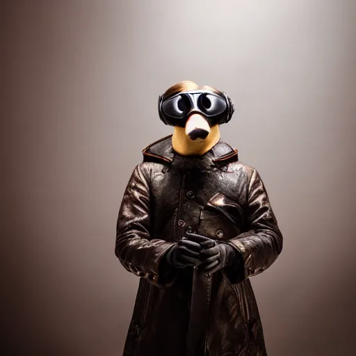 Image similar to anthropomorphic goose wearing steampunk leather goggles, leather facial mask, a long leather coat, dramatic lighting, full body shot, sigma 5 0 mm