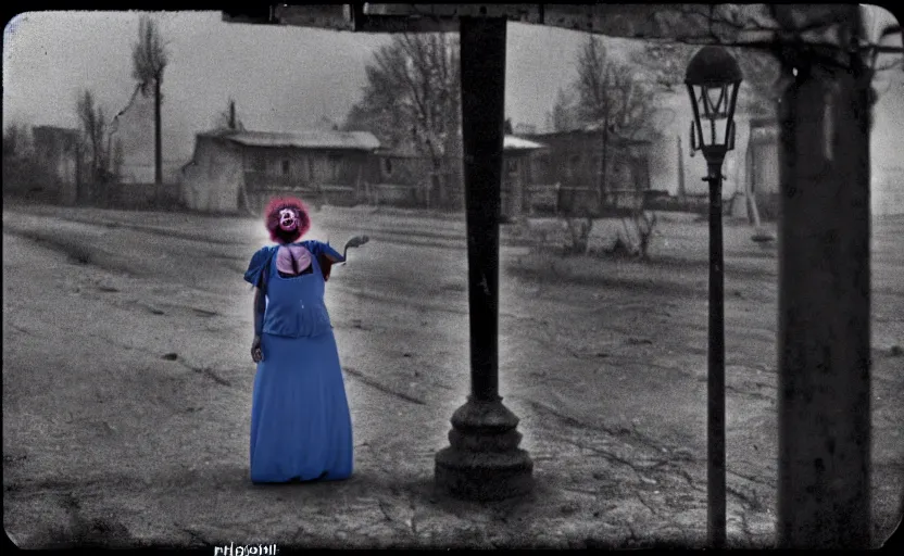 Image similar to a thin scary woman clown with scary face in torn clothes stands under a lamppost that shines a blue light on the clown, pitch darkness around the post, everything happens at night in an old Soviet village, the photo was taken from afar, Colourful, Cinematic, filmic, 35mm, dark atmosphere, horror, scary, Wildlife photography, Polaroid, bad quality