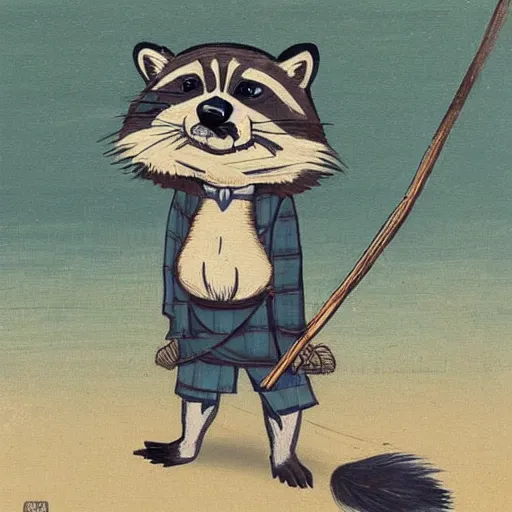 Image similar to A raccoon wearing formal clothes, wearing a tophap and holding a cane. The raccoon is holding a garbage bag. Oil painting in the style of Hokusai