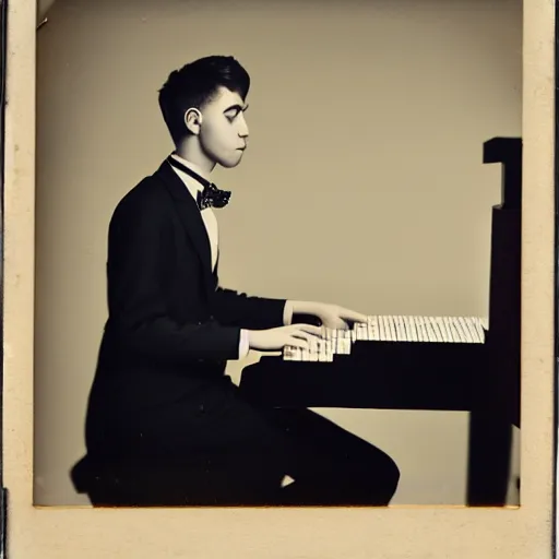 Image similar to attractive male, playing piano, low - key lighting, vaporwave, daguerrotype