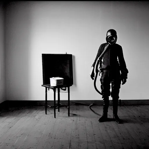 Image similar to portrait of a man with gasmask in the empty room, black & white photo by annie leibovitz