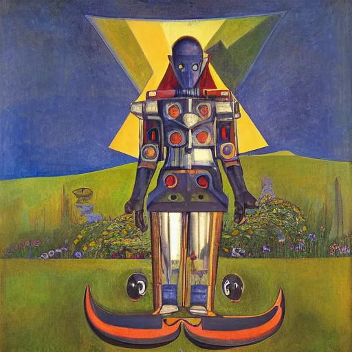 Image similar to the crow in her robot mask stands on the lawn, by annie swynnerton and kit williams and diego rivera and leo and diane dillon and nicholas roerich, symbolist, dramatic lighting, elaborate geometric ornament, art brut, god rays, soft cool colors, smooth, sharp focus, extremely detailed, adolf wolfli