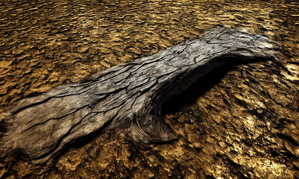 Image similar to an old submerged tree trunk laying on the bottom of a lake, muddy bottom, underwater volymetric light and caustics, highly detailed, trending on artstation, 4k