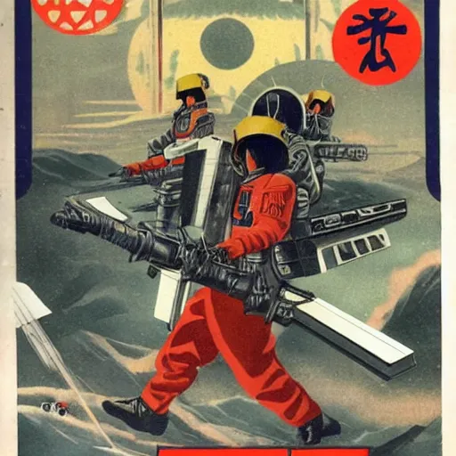 Prompt: imperial japan space marines, science fiction pulp illustration