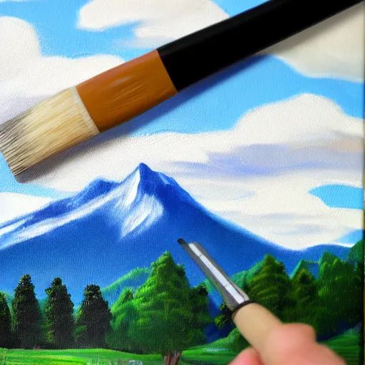 Image similar to a closeup photorealistic photograph of bob ross working on an image of kenny powers baseball bat paintbrush on a canvas. mountains and trees. film still. brightly lit scene. this 4 k hd image is trending on artstation, featured on behance, well - rendered, extra crisp, features intricate detail, epic composition and the style of unreal engine.