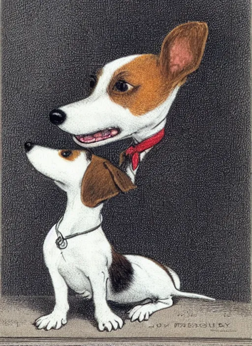 Image similar to closeup candid portrait of a jack russel terrier singing with eyes closed, illustrated by peggy fortnum and beatrix potter and sir john tenniel