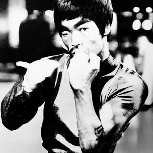 Image similar to a photo of bruce lee eating an hamburger