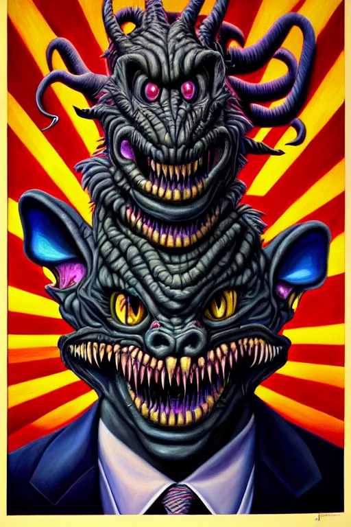 Image similar to a photorealistic painting of a scary chimera pretending to be a politician by johfra bosschart, lisa frank, dark fantasy art, high detail, trending on artstation