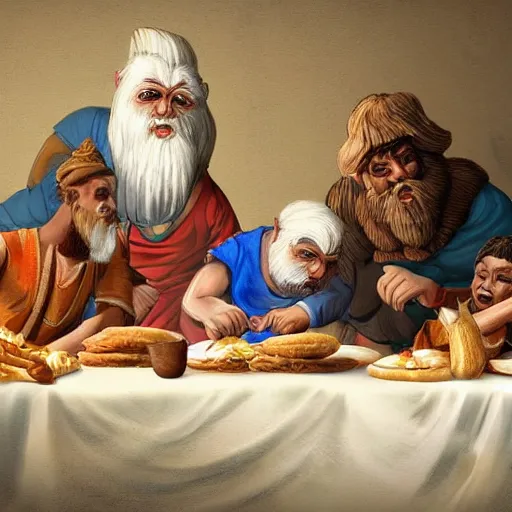 Image similar to a family of sumerians eating bread around a table, trending on pixiv, digital art, detailed, hd, cinematic, low ambient light