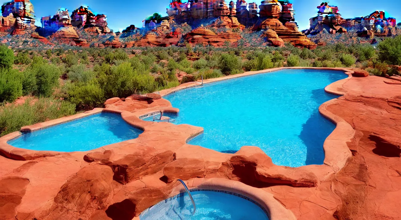 Prompt: a beautiful day in Sedona by a pool,colorised,photograph