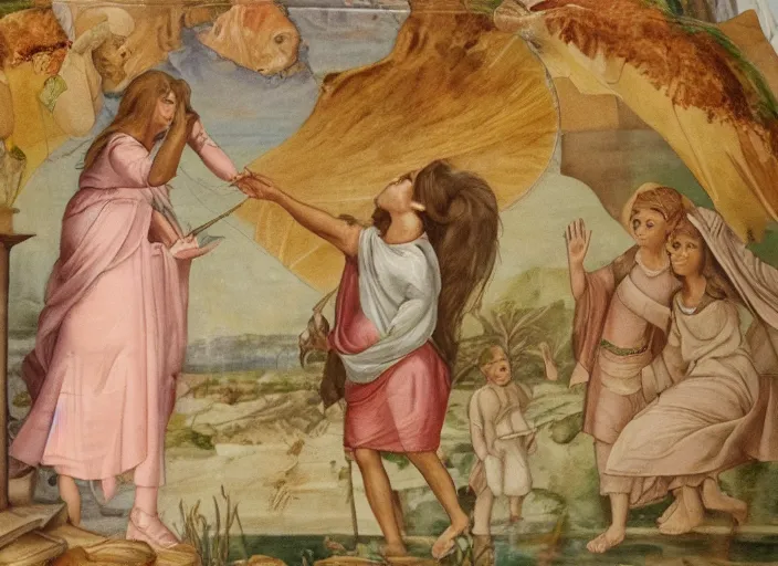 Image similar to Belle Delphine being christened in the river Jordan, fresco on a church wall