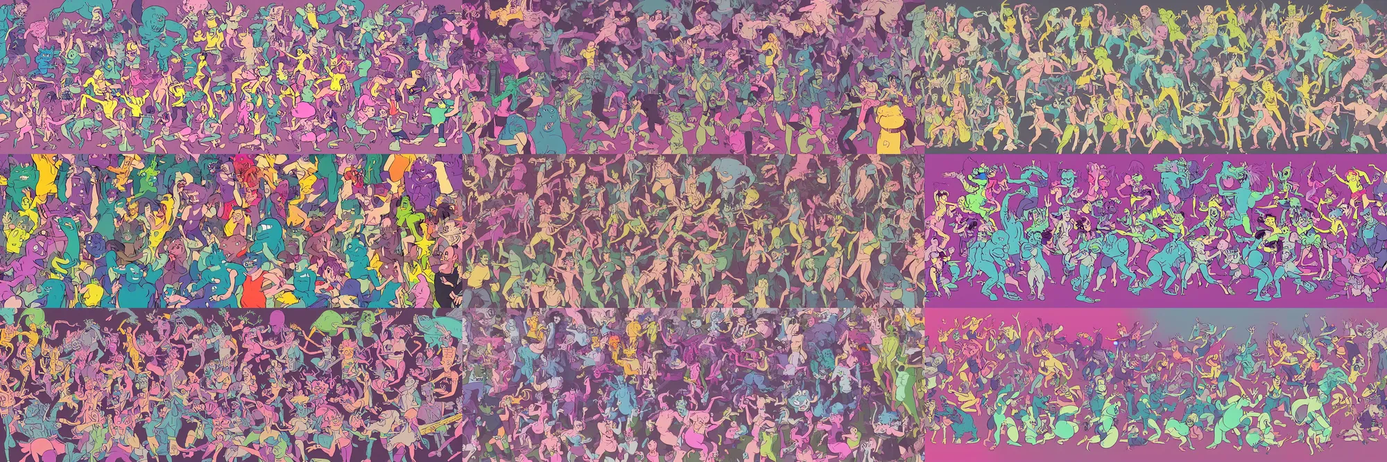 Prompt: a high quality focused pastel render of a horde of cartoonishly powerful lofi 9 0 s retro monsters engaged in an epic dance battle, in the style of dreamlike art nouveau