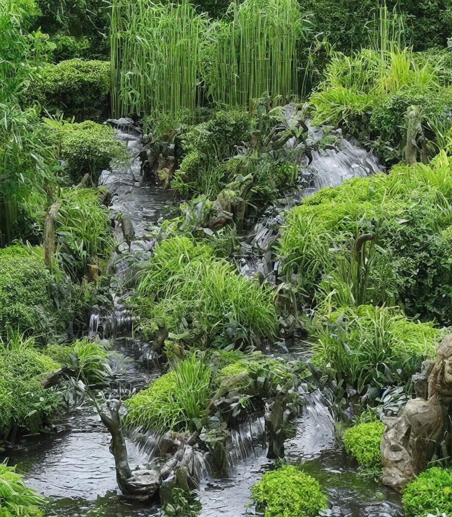 Image similar to a garden, in which there is a flowing water sculpture made of bamboo, garden landscape and symmetrical landscape ， by andre le notre ， trending ，