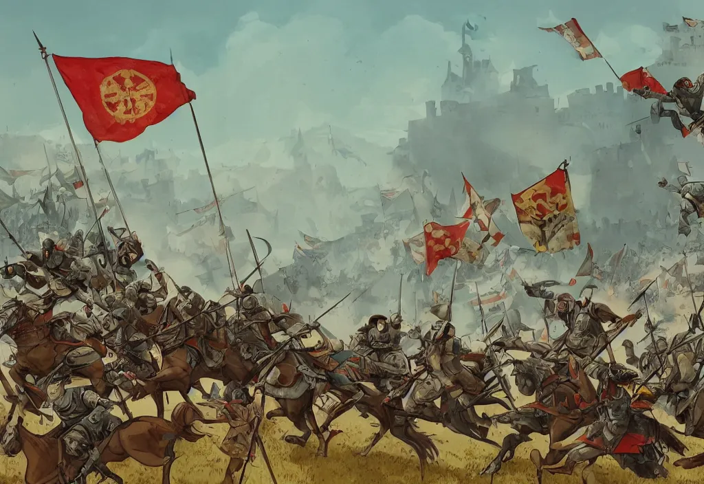 Image similar to handmade illustration of a medieval battle between a small group of soldiers, a few banners and flags, flying arrows, a small castle at the background, smoke, line art, ink, watercolor by Kilian Eng and by Jake Parker, winning-award masterpiece, fantastic, octane render, 8K HD Resolution, High quality image