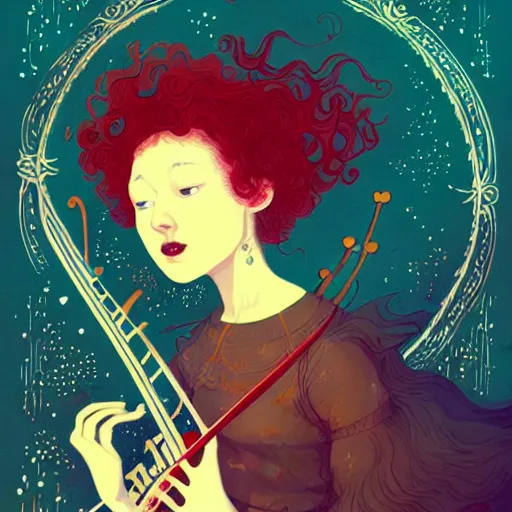 Prompt: curly - haired redhead lute player playing the lute, victo ngai, kilian eng, lois van baarle