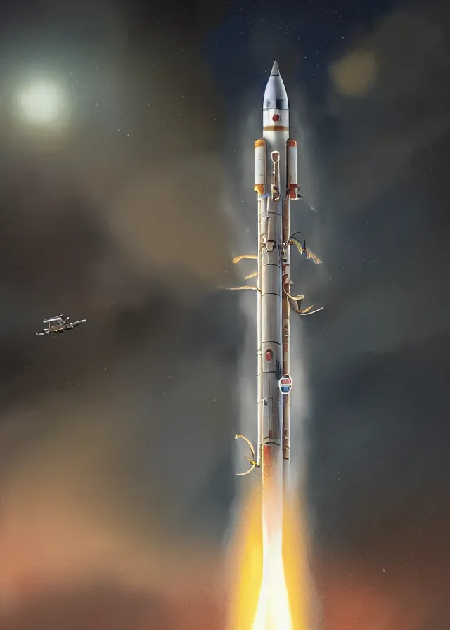 Prompt: epic professional digital art of complex heavy vertical rocket with side boosters, on launch pad, at takeoff, ambient light, painted,, cinematic, detailed, grand, leesha hannigan, wayne haag, reyna rochin, ignacio fernandez rios, mark ryden, van herpen, artstation, cgsociety, epic, stunning, gorgeous, wow wow detail