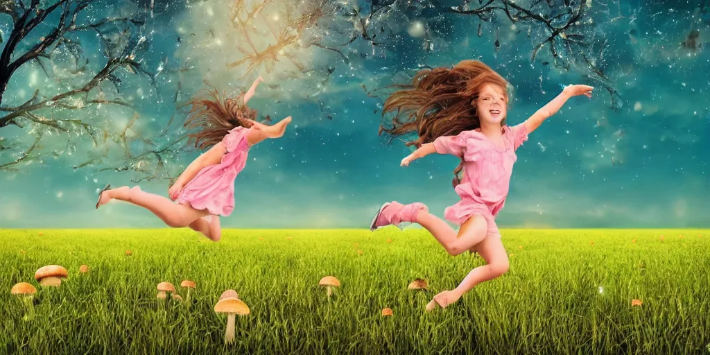 Prompt: pretty girl, wide open field, jumping, flying hair, mushrooms, vegetation, trees, moonlight, old farm