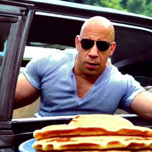 Image similar to movie still of vin diesel eating waffles and pancakes in a car