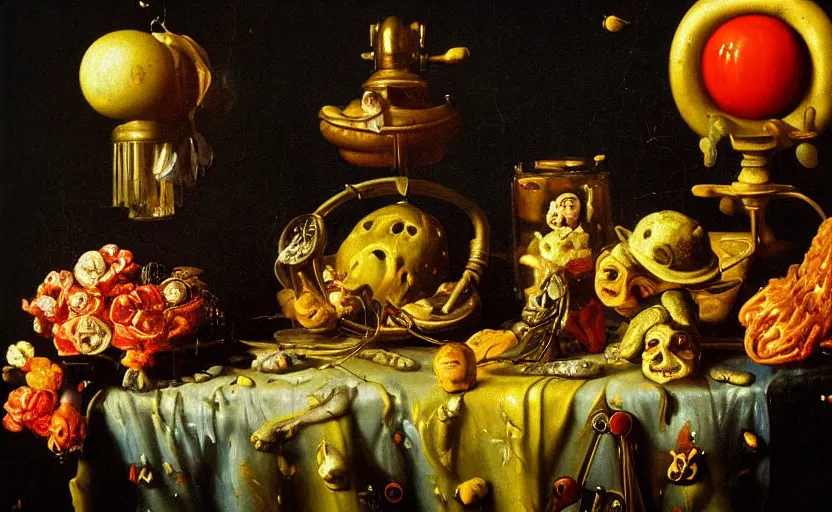 Image similar to disturbing colorful oil painting dutch golden age vanitas still life with bizarre objects strange gooey surfaces shiny metal bizarre insects rachel ruysch dali todd schorr very detailed perfect composition rule of thirds masterpiece canon 5 0 mm, cinematic lighting, photography, retro, film, kodachrome