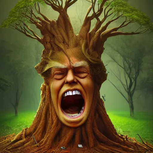 Image similar to donald trump is fused into a tree stump, hyperdetailed, artstation, cgsociety, 8 k