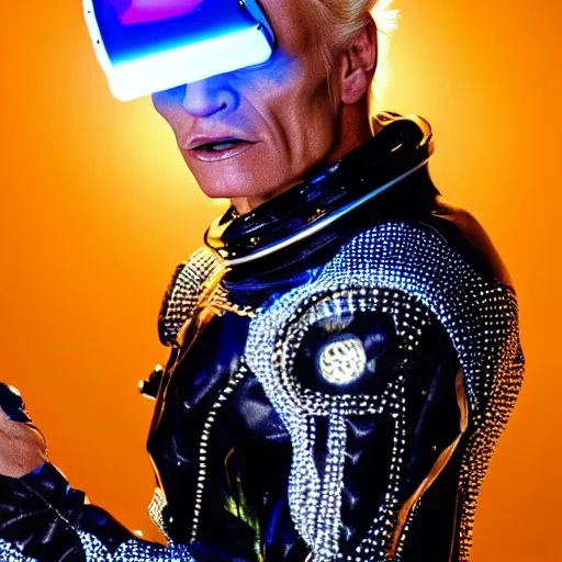 Image similar to uhd candid photo of cosmic billy idol wearing a spacesuit, glowing, global illumination, studio lighting, radiant light, detailed, correct face, elaborate intricate costume. photo by annie leibowitz