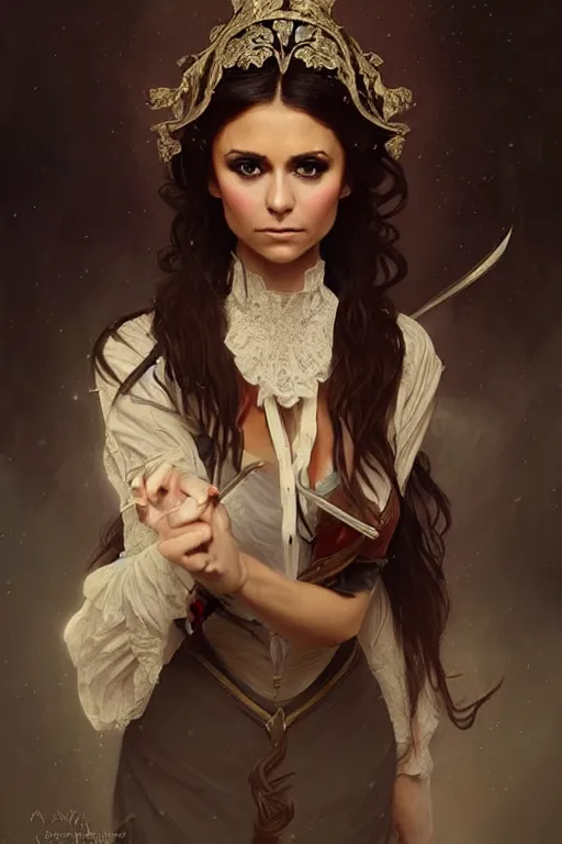 Image similar to Nina Dobrev dressed in a victorian fashion, D&D, fantasy, intricate, elegant, highly detailed, digital painting, artstation, concept art, matte, sharp focus, illustration, art by Artgerm and Greg Rutkowski and Alphonse Mucha