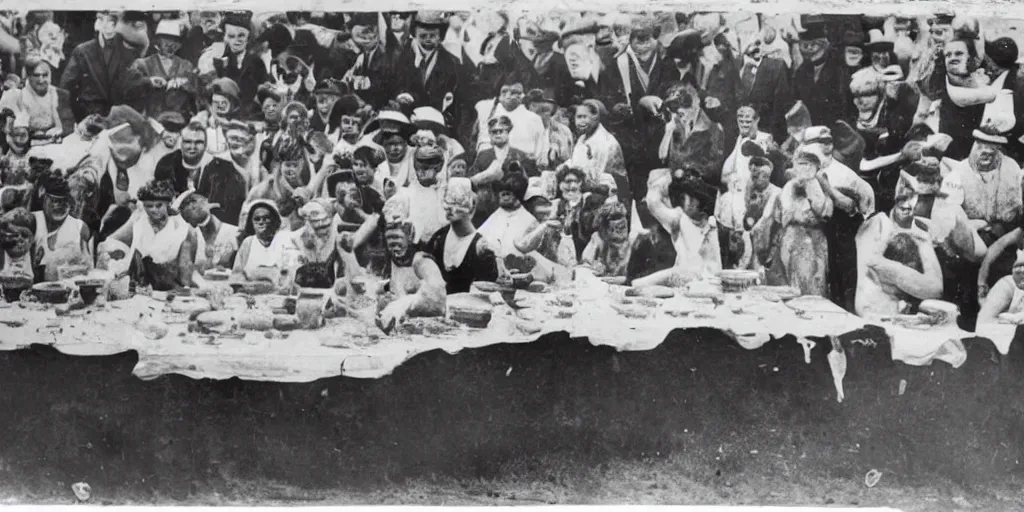 Image similar to black and white photo from the 1 9 2 0's of a pie eating contest with monster contestents making a horrible mess at the county fair