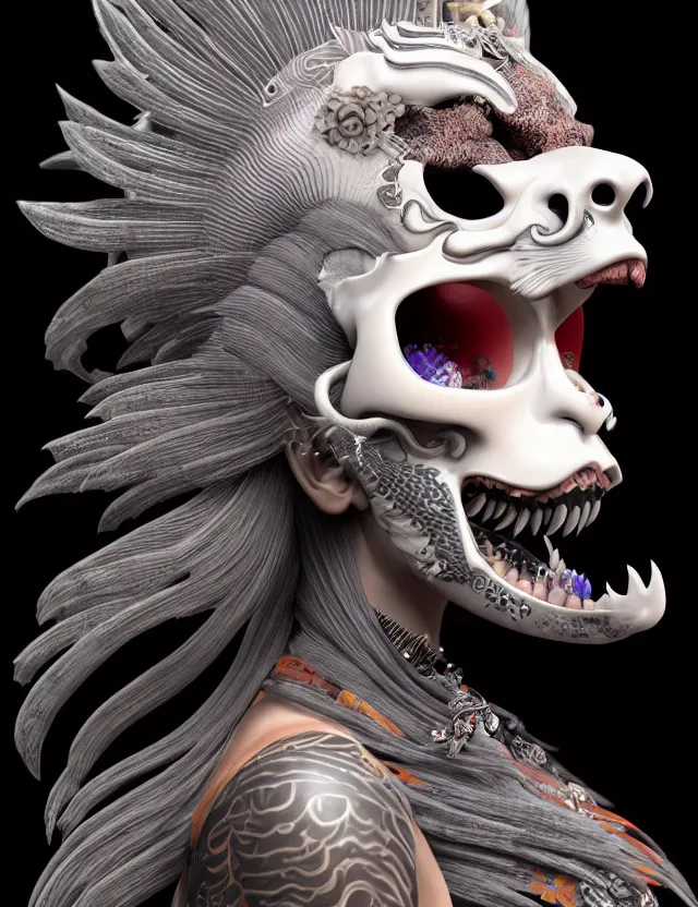 Image similar to 3 d goddess close - up profile simple portrait punk with mohawk with tiger skull. beautiful intricately detailed japanese crow kitsune mask and clasical japanese kimono. betta fish, jellyfish phoenix, bio luminescent, plasma, ice, water, wind, creature, artwork by tooth wu and wlop and beeple and greg rutkowski