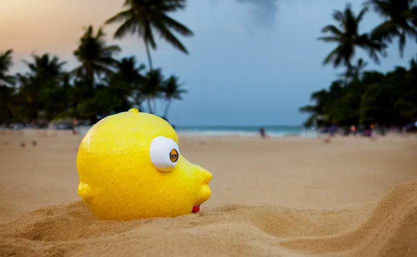 Image similar to 5 0 mm photograph, of a real anthropomorphic lemon cartoon character, it has lemon skin texture, it's wearing a hat and a vr head, building a sandcastle on the beach at sunset, beach, waves, sun, clouds, tropical trees, rim light, sand, sandcastle, volumetric lightening, pentax k 1 0 0 0