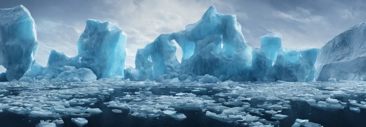 Image similar to Ocean Arctic with the ice cracking and icebergs by paul chadeisson, cinematic lighting, extremely detailed, ultra realistic, trending on artstation, 8K