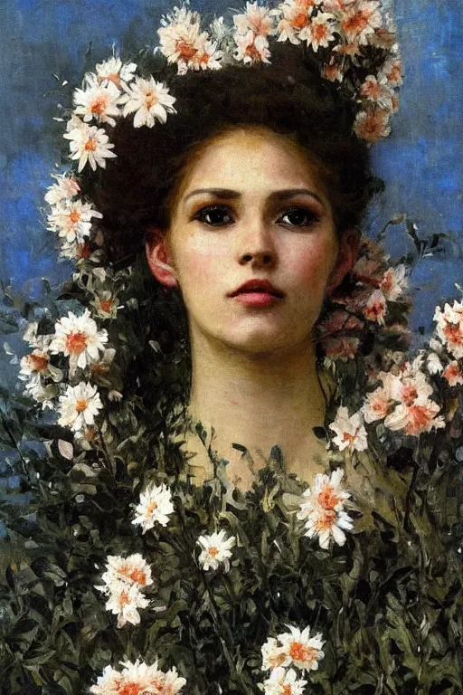 Prompt: close - up fashion black skin woman portrait airy flowers cloudy sky art by vasnetsov
