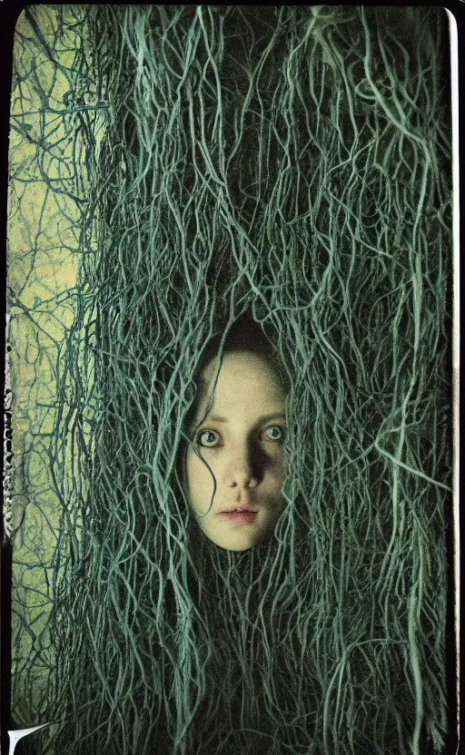 Prompt: blue vines in a dark cave forming a human face, creepy, extreme detail, realistic, polaroid color photo, vintage, stunning 8 k, neutral colors, by gregory crewdson