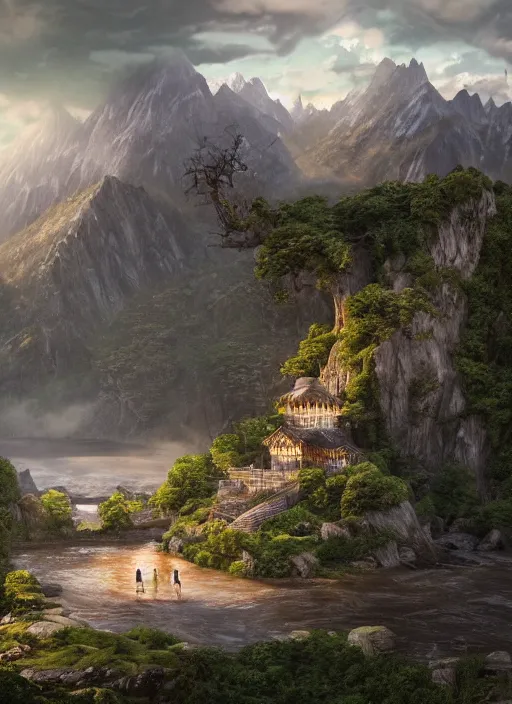 Prompt: a hooded monk in lord of the rings scenery landscape, huge buddhist temple on a mountain in the distance, river, lush valley, cosmic, god's rays, highly detailed, vivid color, cinematic lighting, perfect composition, 8 k, gustave dore, derek zabrocki, greg rutkowski, belsinski, octane render