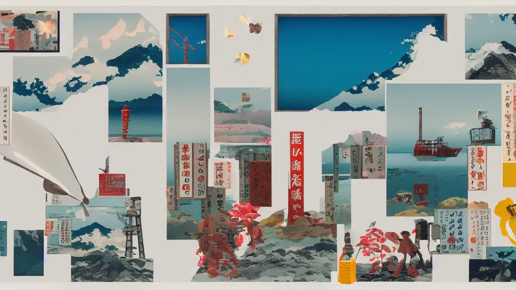 Image similar to an arrangement of explorer traveller props, shikoku prefecture japan, a collage painting, in the style of wes anderson, lola dupre, david hockney, isolated on negative white space background dark monochrome neon spraypaint accents volumetric octane render